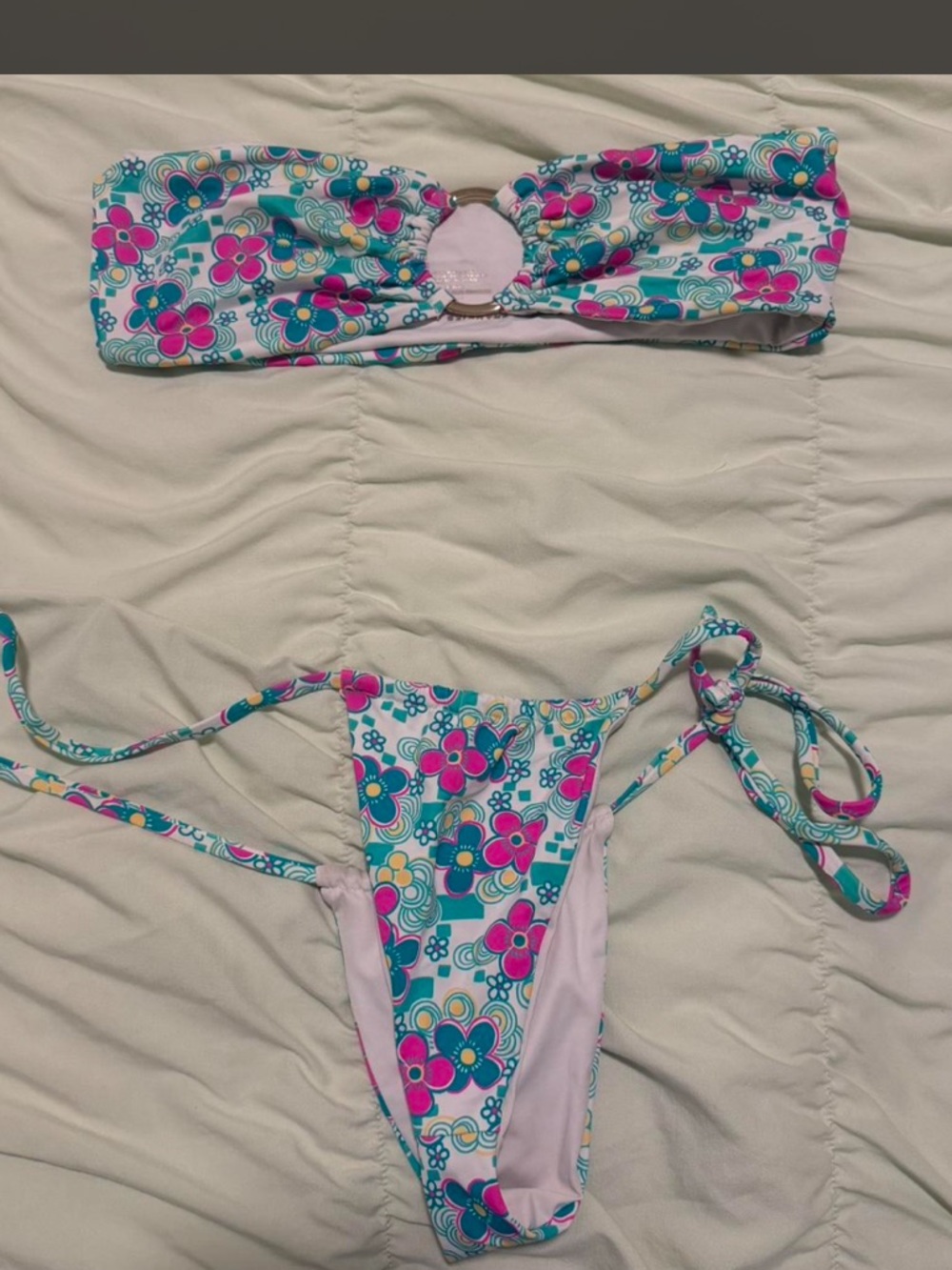 Frankies bikinis Floral Bandeau & Tie-Side Bikini Set in Teal and Pink
